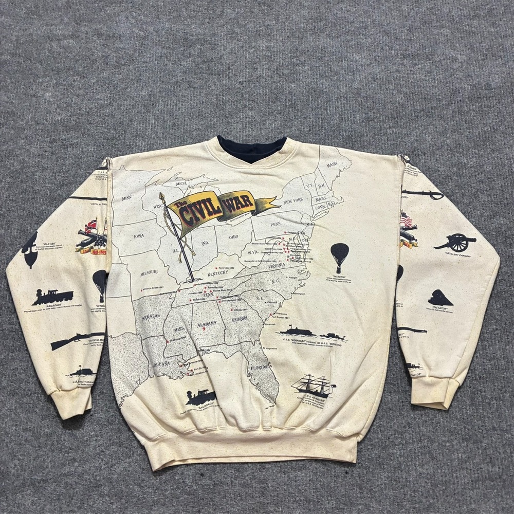 Vintage Art Unlimited Mens Pullover Sweatshirt XL Civil War Map All Over Print‎